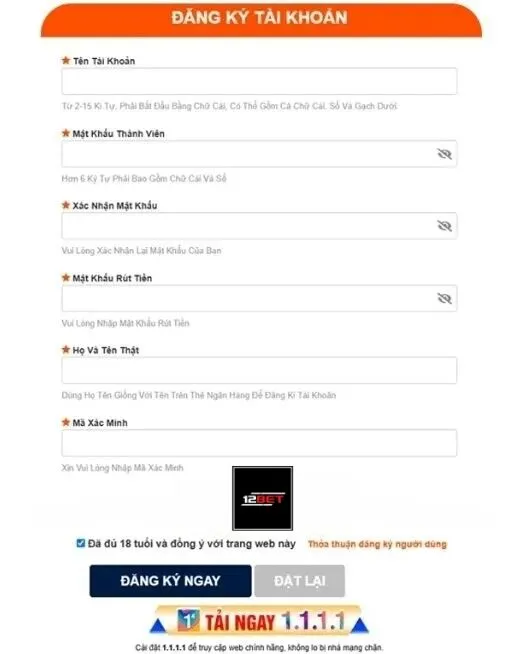 Hướng dẫn đăng ký tài khoản 12Bet
